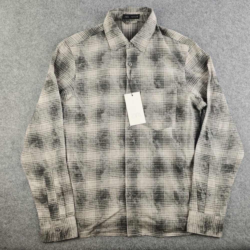 Zara Shirt Mens Medium NWT Gray Plaid Long Sleeve Button Up Cotton